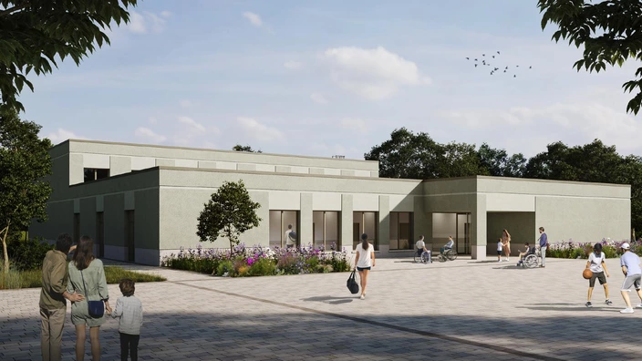 Geplante Mehrzweckhalle: Ein Blick auf die zukünftige Multifunktionssporthalle der CJD Christophorusschule Erfurt. (Bild: VITAMINOFFICE ARCHITEKTEN BDA)